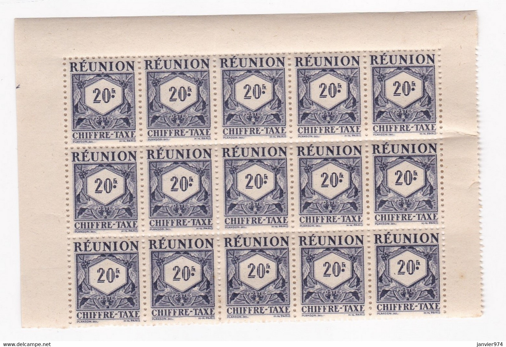 Réunion 1947 Timbre Taxe , 1 Bloc 20 Francs Neufs – 15 Timbres - Segnatasse