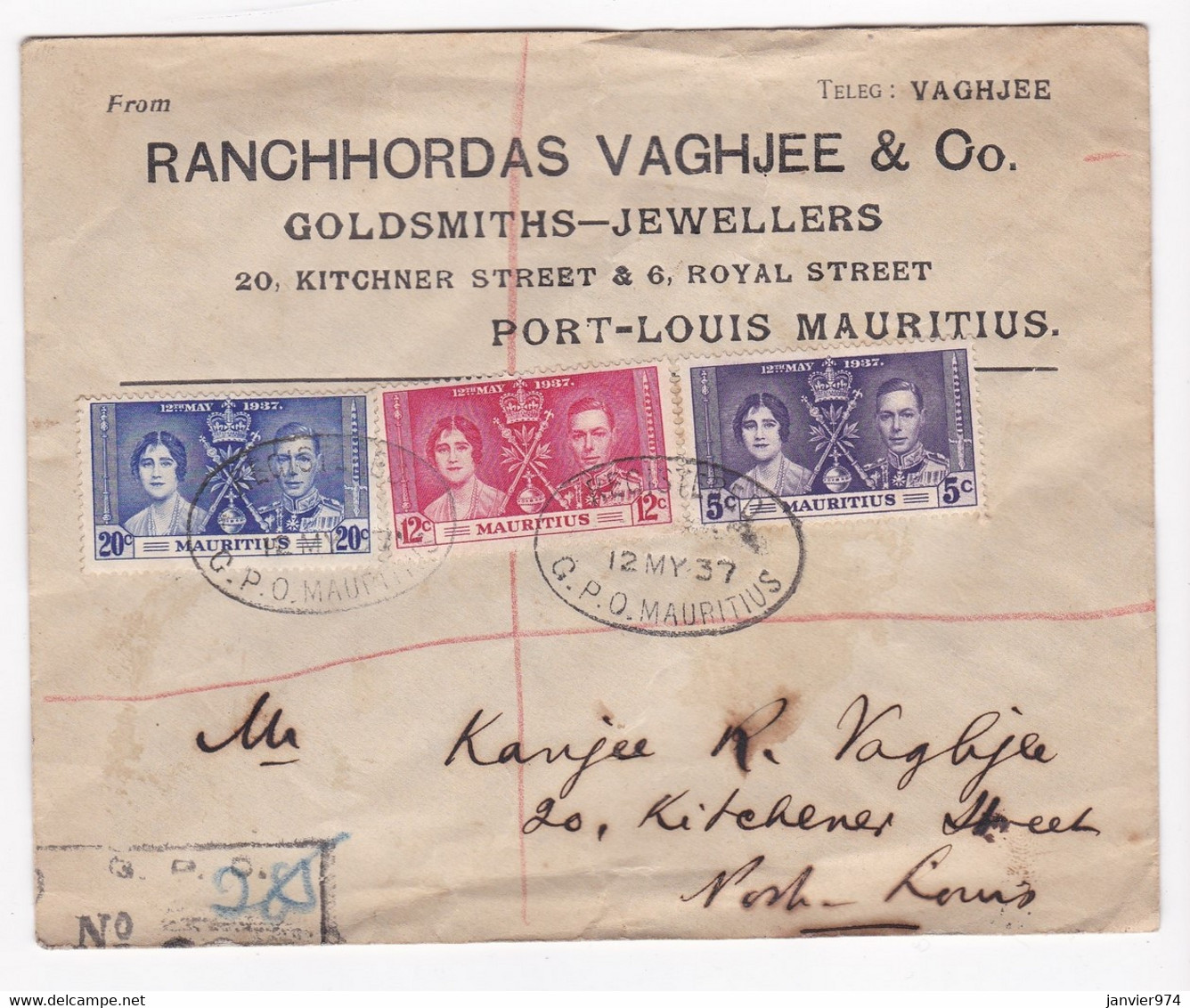 Ile Maurice 1937 Telegram Of Ranchhordas Vaghjee & Co Port Louis Mauritius. - Mauritius (...-1967)