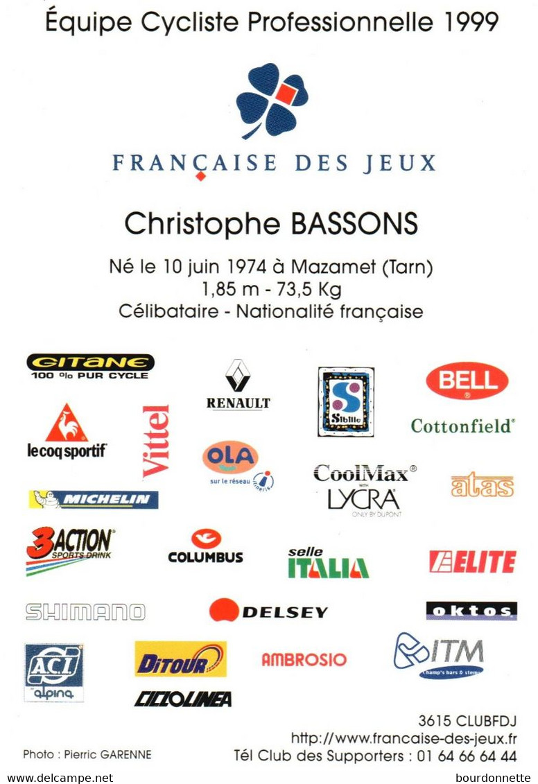 Photographie Vélo Cyclisme  - 10 X 15 CM-   CHRISTOPHE  BASSONS 1999 - Cyclisme