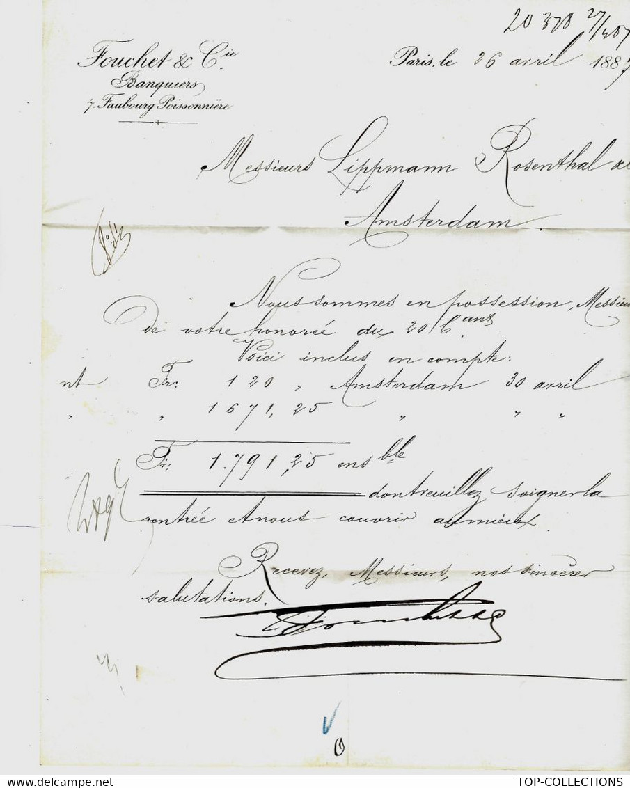 1887 JUDAICA  BANQUE FOUCHET PARIS Pour BANQUE LIPPMANN ROSENTHAL AMSTERDAM VOIR HISTORIQUE BANQUE  PILLEE PAR LES NAZIS - Documents Historiques
