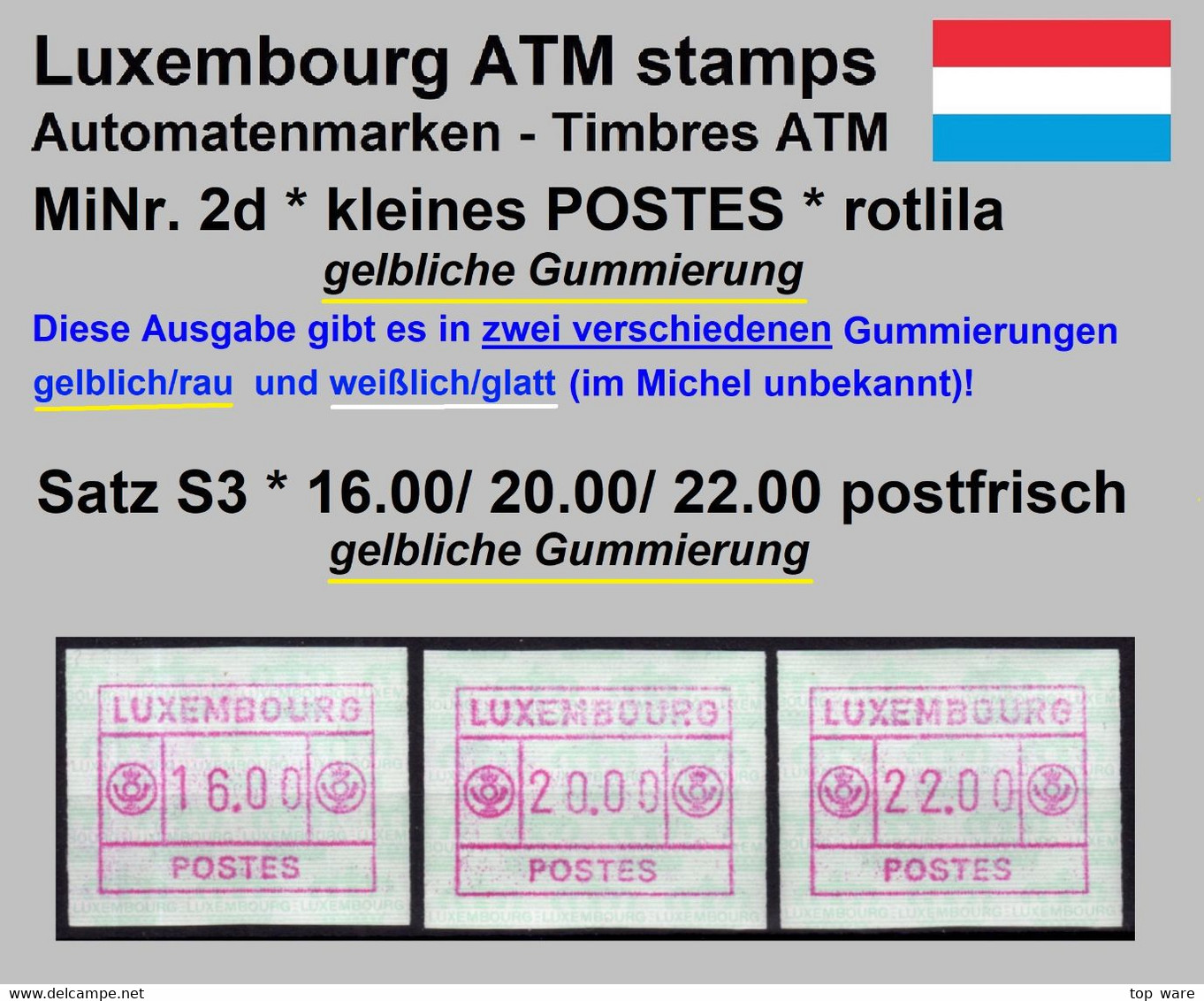 Luxemburg Luxembourg Timbres ATM 2 D Kleines Postes Rotlila / Gelblicher Gummi Satz S3 16/20/22 ** Frama Automatenmarken - Automatenmarken