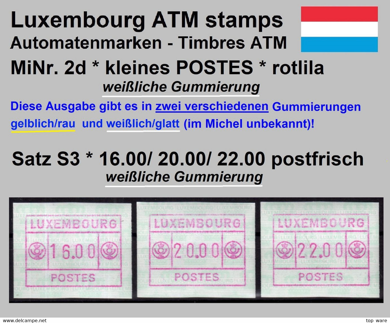 Luxemburg Luxembourg Timbres ATM 2 D Kleines Postes Rotlila / Weisslicher Gummi Satz 16/20/22 ** Frama Automatenmarken - Postage Labels