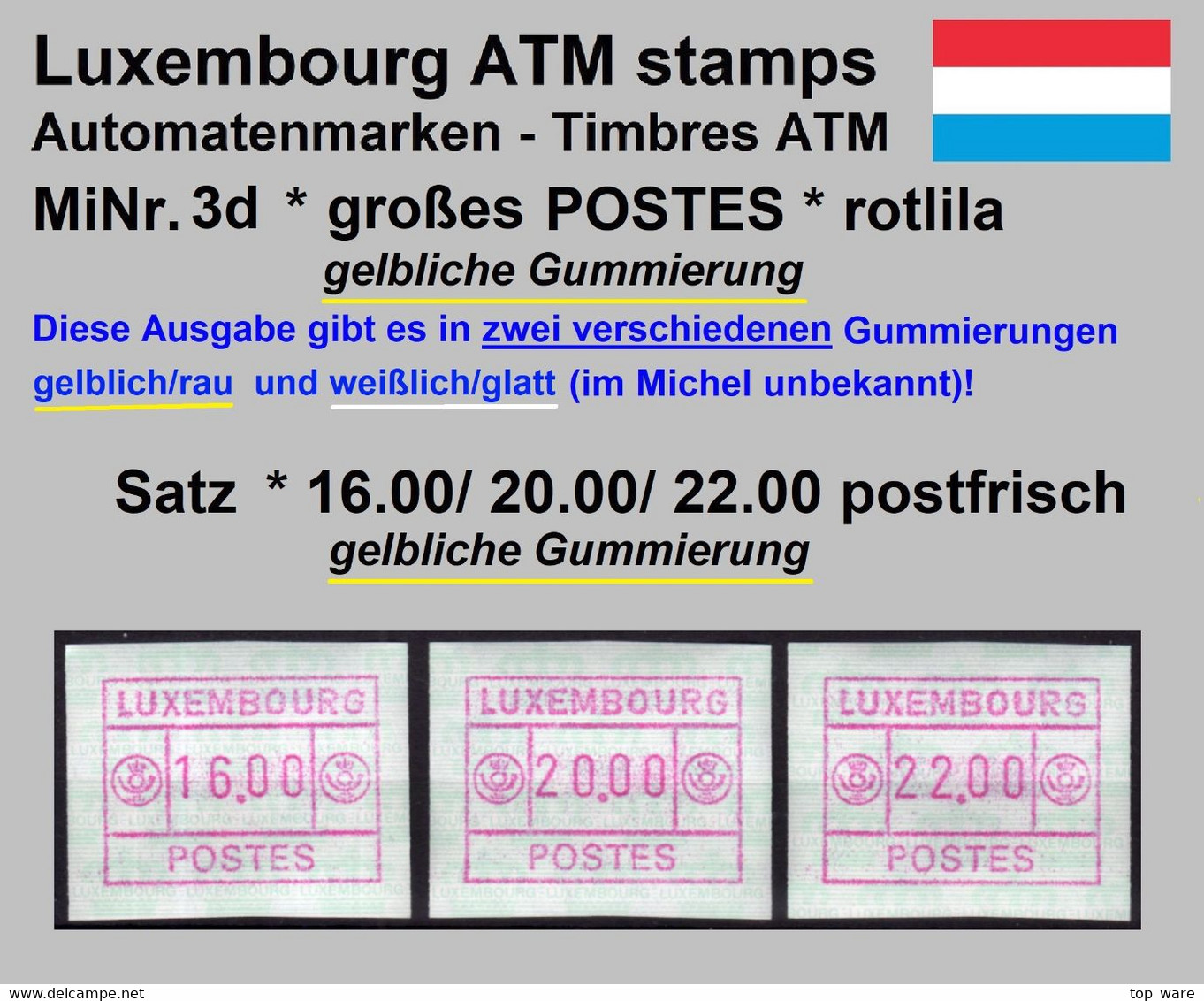 Luxemburg Luxembourg Timbres ATM 3 D Grosses Postes Rotlila / Gelblicher Gummi Satz 16/20/22 ** Frama Automatenmarken - Automatenmarken