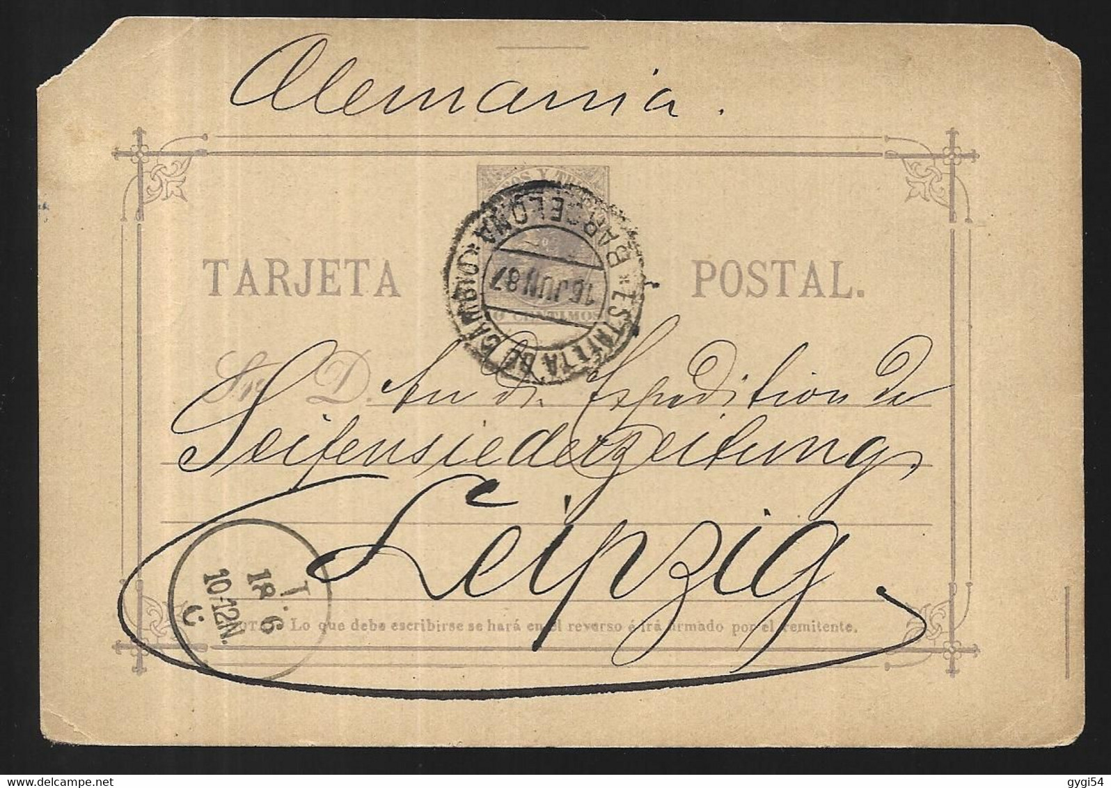 Espagne   Entier Postal  16 Juin 1887  Barcelone   Pour Leipzig - Barcelona