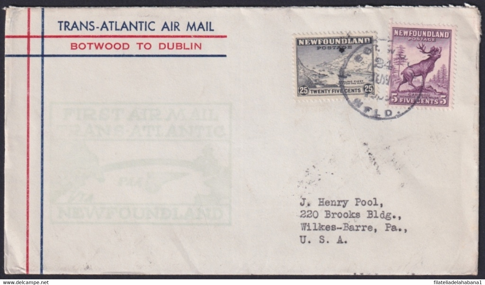 F-EX21451 NEWFOUNDLAND TRANS-ATLANTIC 1939 FIRST FLIGHT BOTWOOD-DUBLIN IRELAND - First Flight Covers