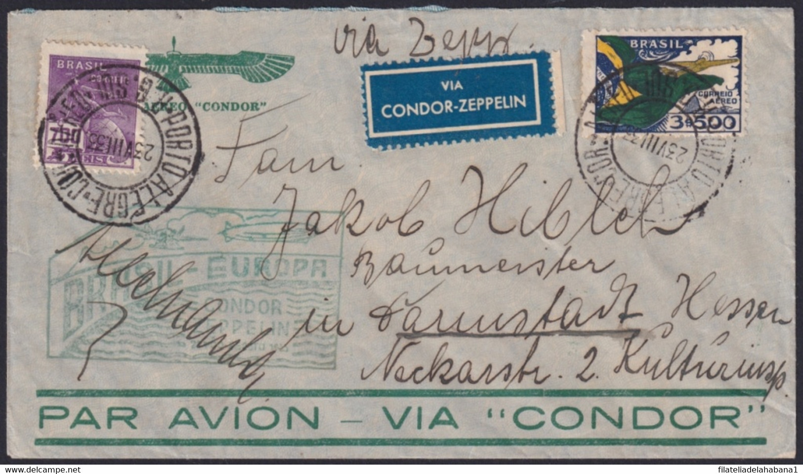 F-EX24293 BRAZIL BRASIL 1933 CONDOR ZEPPELIN PORTO ALEGRE - FRANCE. AUG / 1933. - Airmail (Private Companies)