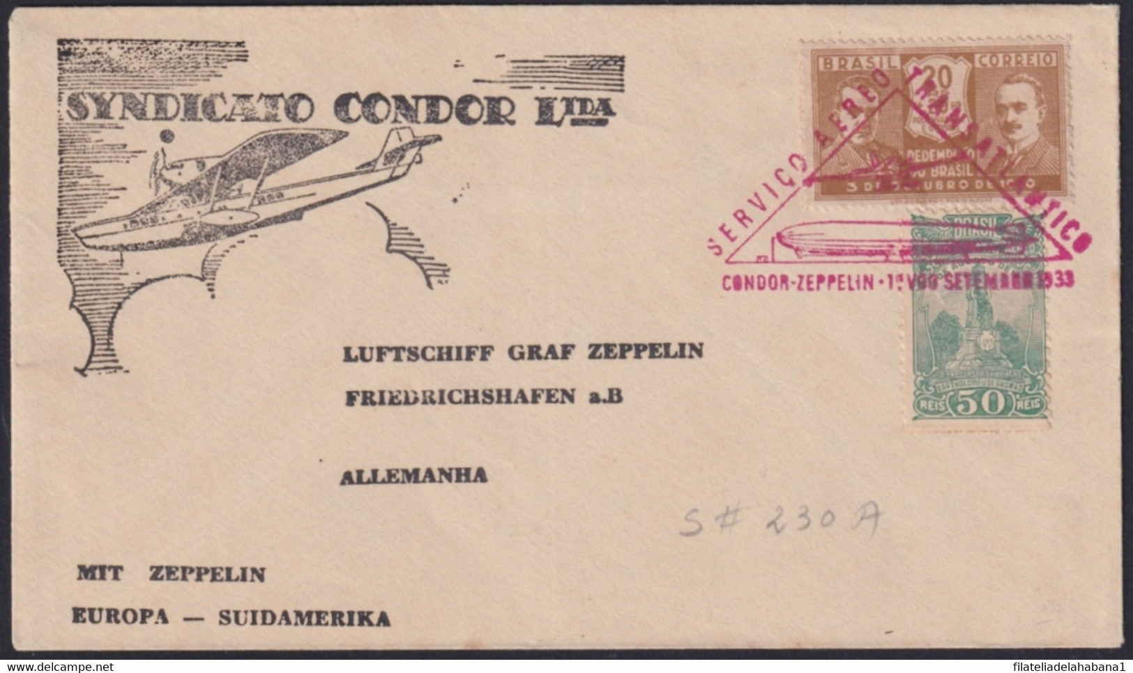 F-EX24309 BRAZIL BRASIL 1933 CONDOR ZEPPELIN TO GERMANY. SEP / 1933. - Airmail (Private Companies)