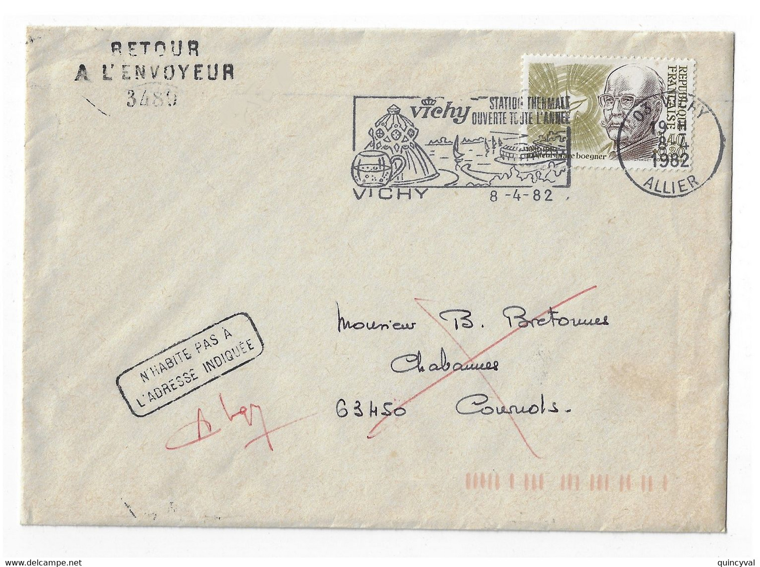 VICHY Allier Lettre Dest Chabanne 63 Retour Envoyeur GC 3489 N'Habite Pas 1,40+0,30 F Pasteur Boegner Yv 2152 Ob 1982 - Storia Postale