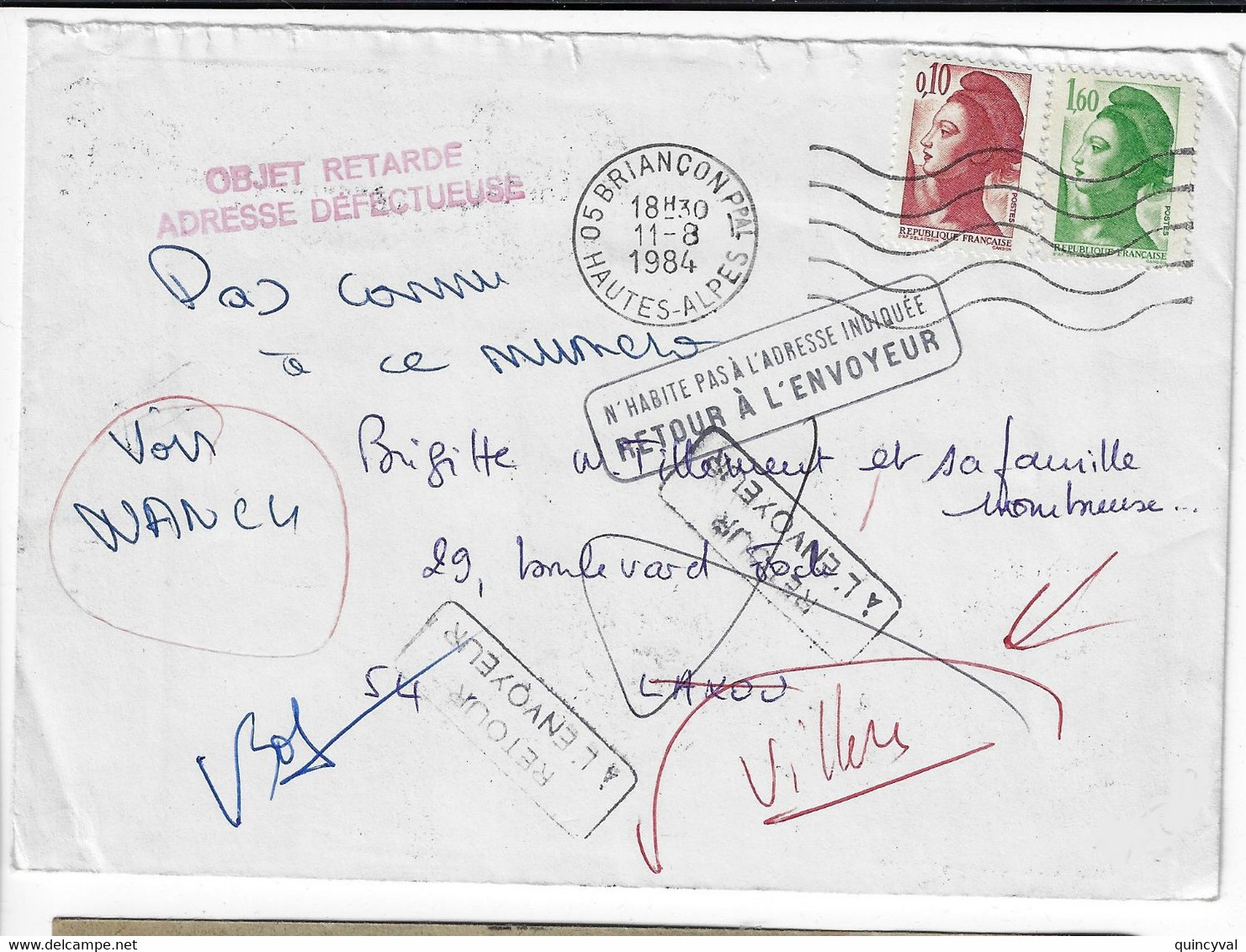 BRIANCON Lettre 10c 1,60 F Liberté Yv 2179 2219 Dest Laxou Nancy Retour Envoyeur N'habite Pas OBJET RETARDE ADRESSE - 1961-....