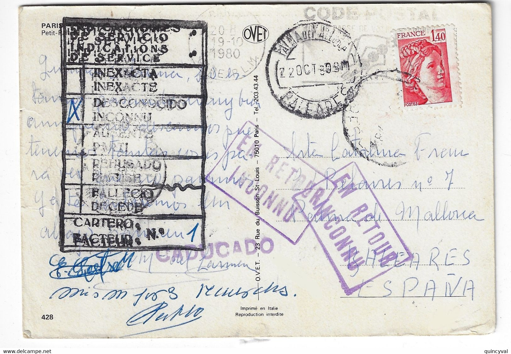 PARIS Carte Postale Dest Baléares Espagne Retour Envoyeur Inconnu Espagnol CADUCADO 1,40 F Sabine Yv 2102 Ob 1980 - 1977-1981 Sabine (Gandon)