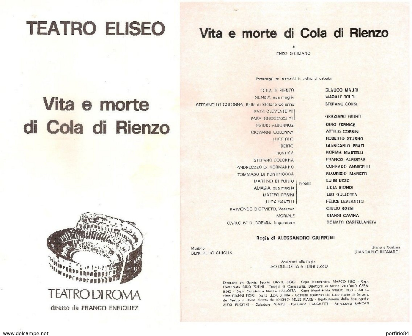 TEATRO ELISEO ROMA RARO LIBRETTO TEATRALE VITA E MORTE DI COLA DI RIENZO - 1973 G. CAVINA - L. GULLOTTA - Toneel & Vermommingen