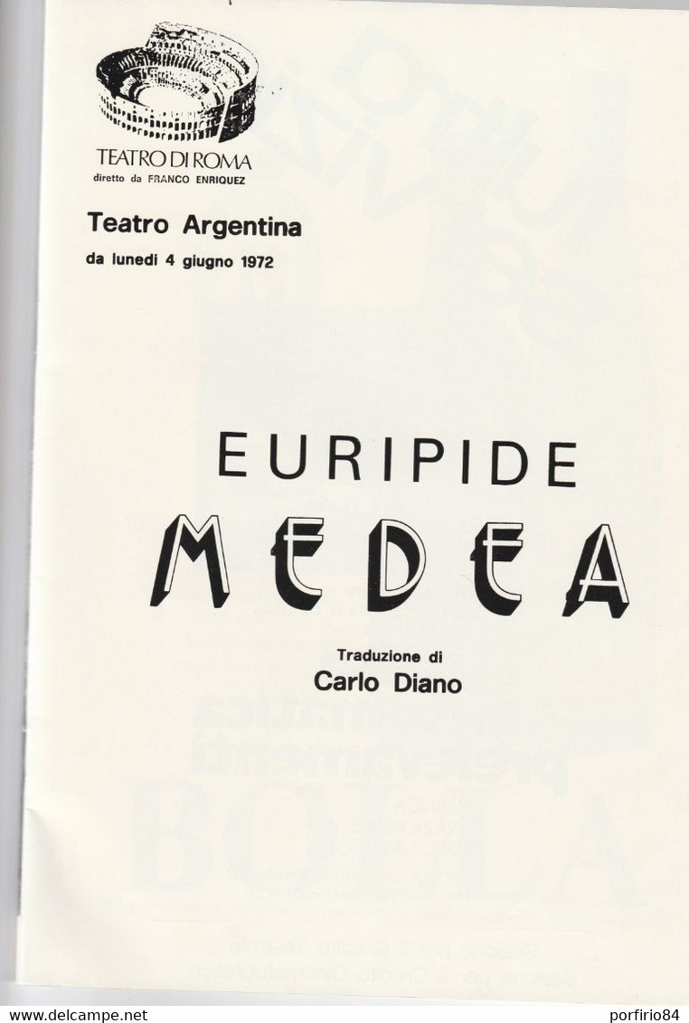 TEATRO ARGENTINA ROMA RARO LIBRETTO TEATRALE MEDEA 1972 - F. ENRIQUEZ - VALERIA MORICONI - Toneel & Vermommingen