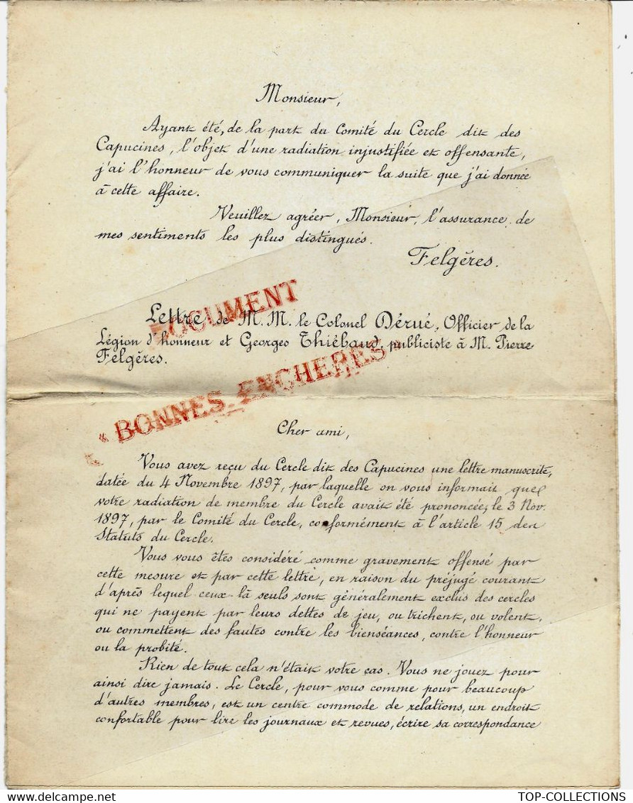 1897 Felgères LETTRE  CERCLE  DES CAPUCINES VIE MONDAINE JEUX RELATIONS EXCLUSION CIRCONSTANCES ATTEINTE A L’HONNEUR - Historical Documents