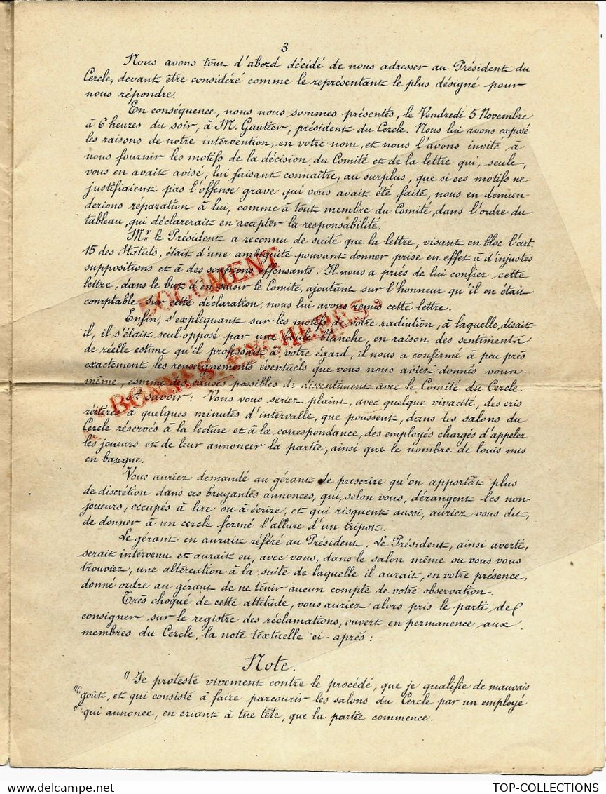 1897 Felgères LETTRE  CERCLE  DES CAPUCINES VIE MONDAINE JEUX RELATIONS EXCLUSION CIRCONSTANCES ATTEINTE A L’HONNEUR - Historical Documents