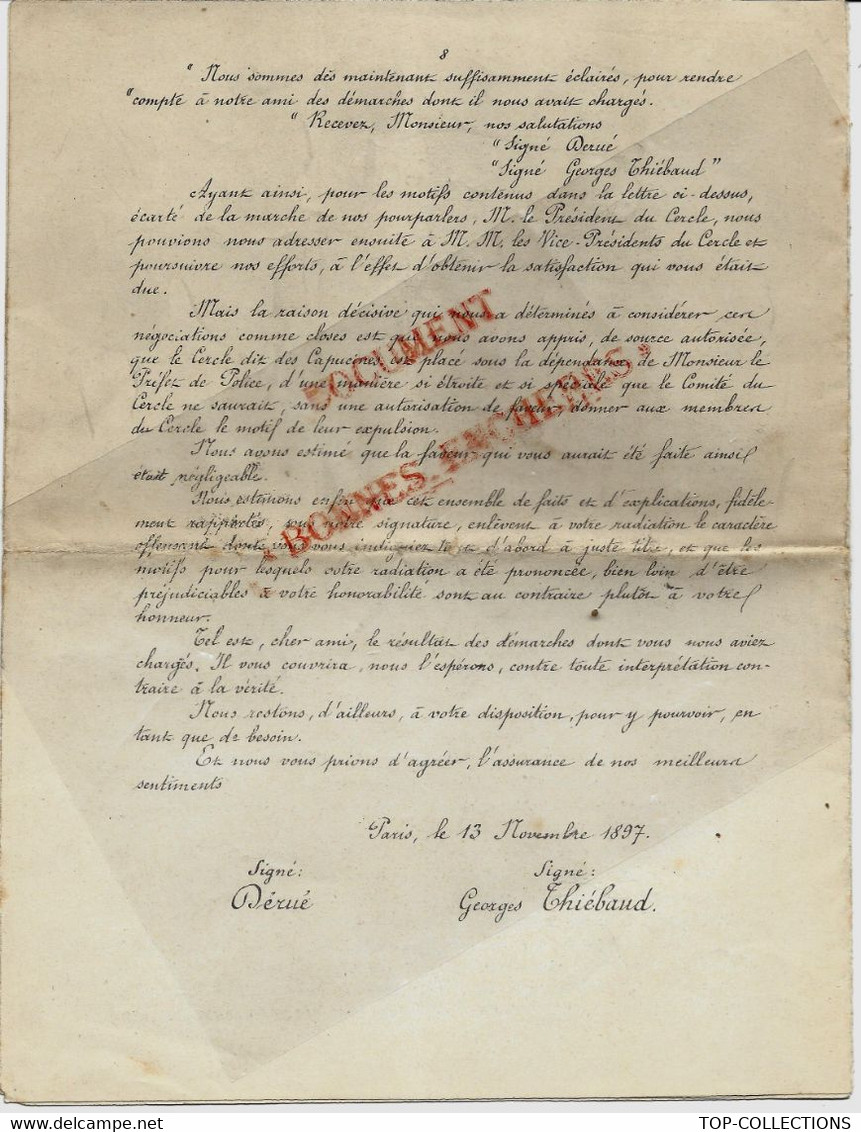 1897 Felgères LETTRE  CERCLE  DES CAPUCINES VIE MONDAINE JEUX RELATIONS EXCLUSION CIRCONSTANCES ATTEINTE A L’HONNEUR - Historical Documents