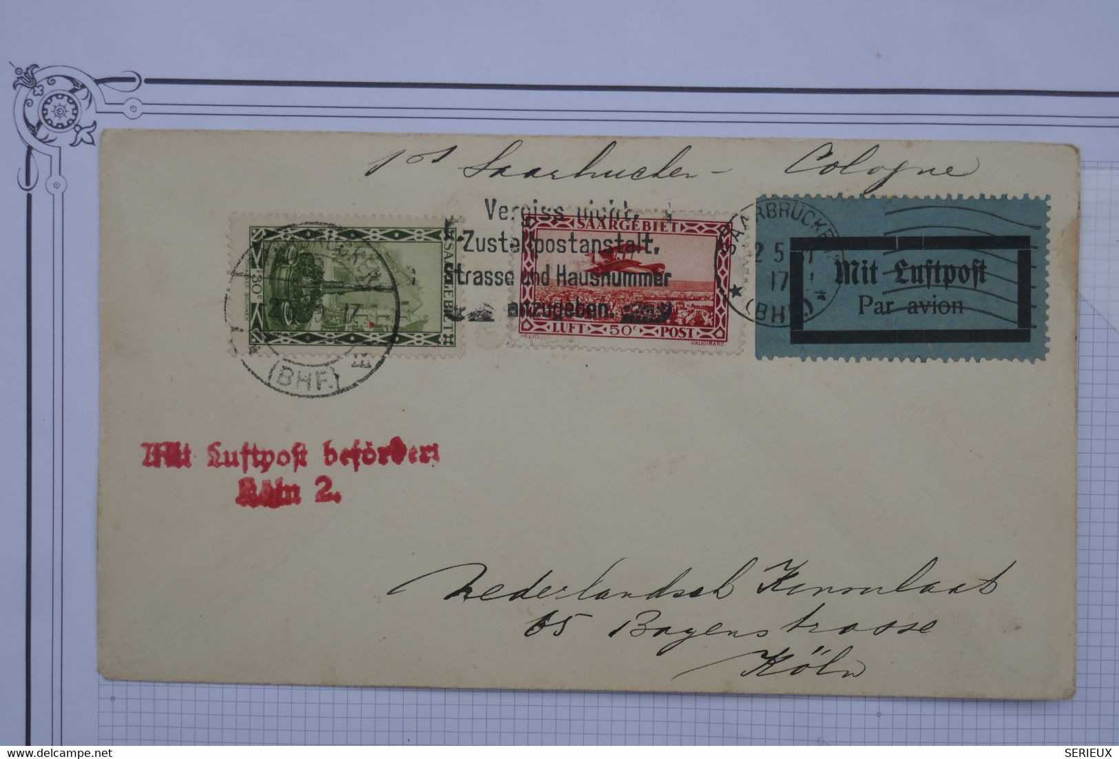 AT12 SARRE  BELLE LETTRE  RARE  1932 PAR AVION  SAARBRUCK   POUR LE CONSULAT ROYAL DE HOLLANDE  KOLN +AFFRANCH. PLAISANT - Airmail