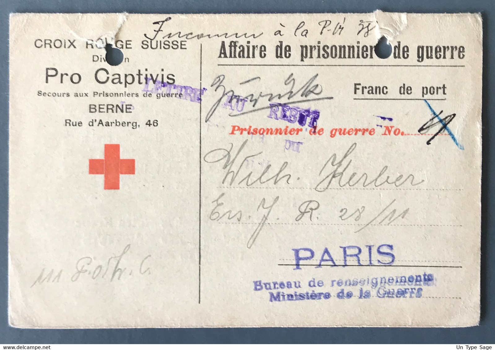 Carte Suisse PRO CAPTIVIS WW1 - (prisonnier De Guerre) Pour Paris 1918, Griffe LETTRE AU REBUT - (A553) - Guerre De 1939-45