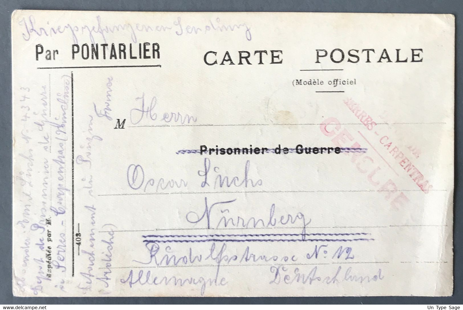 France - Carte WW1 (prisonnier De Guerre) Pour L'Allemagne 1917, Griffe De Censure - (A554) - 2. Weltkrieg 1939-1945
