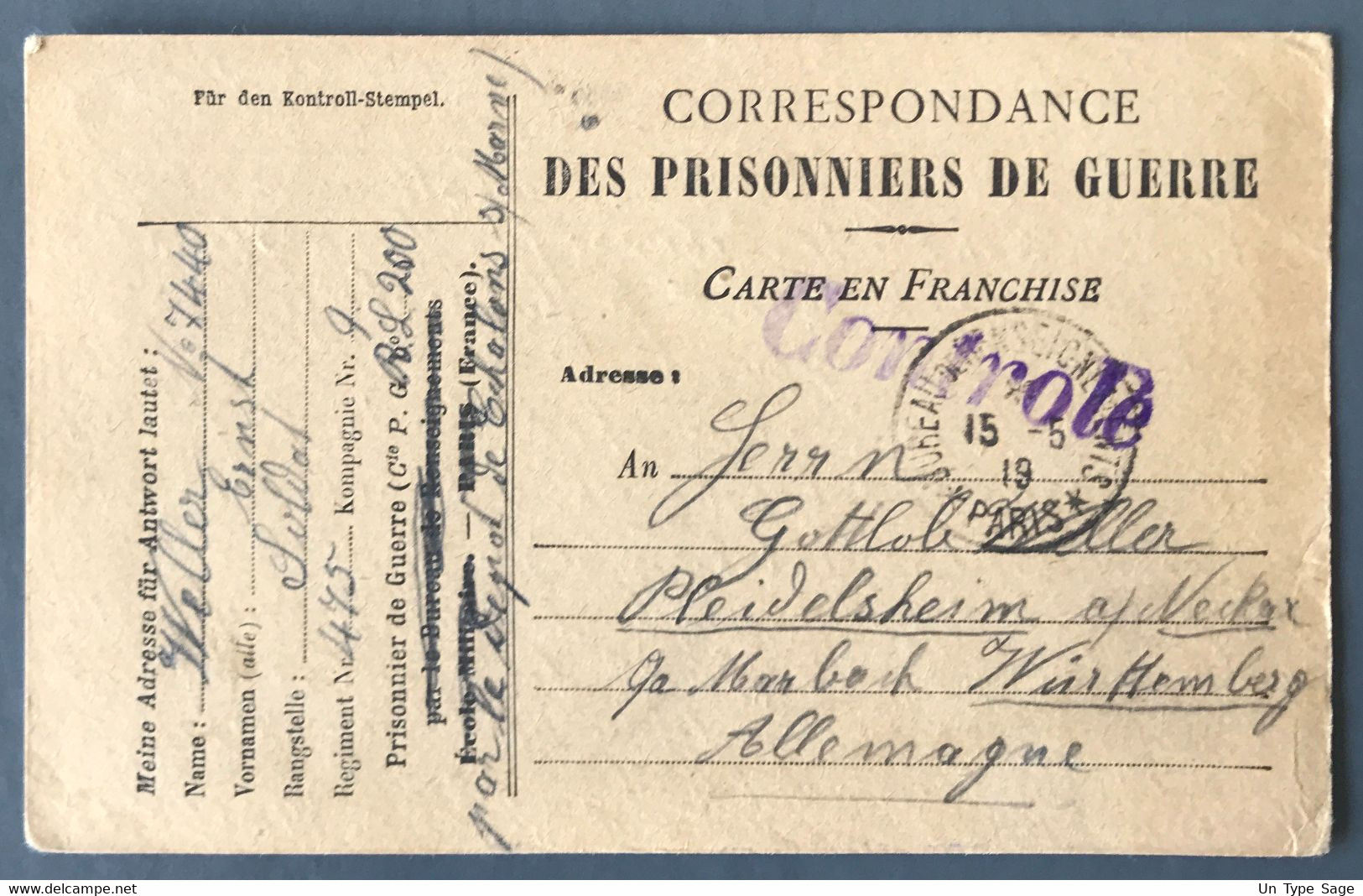 France - Carte WW1 (prisonnier De Guerre) Pour L'Allemagne 1919, Griffe De Controle - (A555) - Guerre De 1939-45
