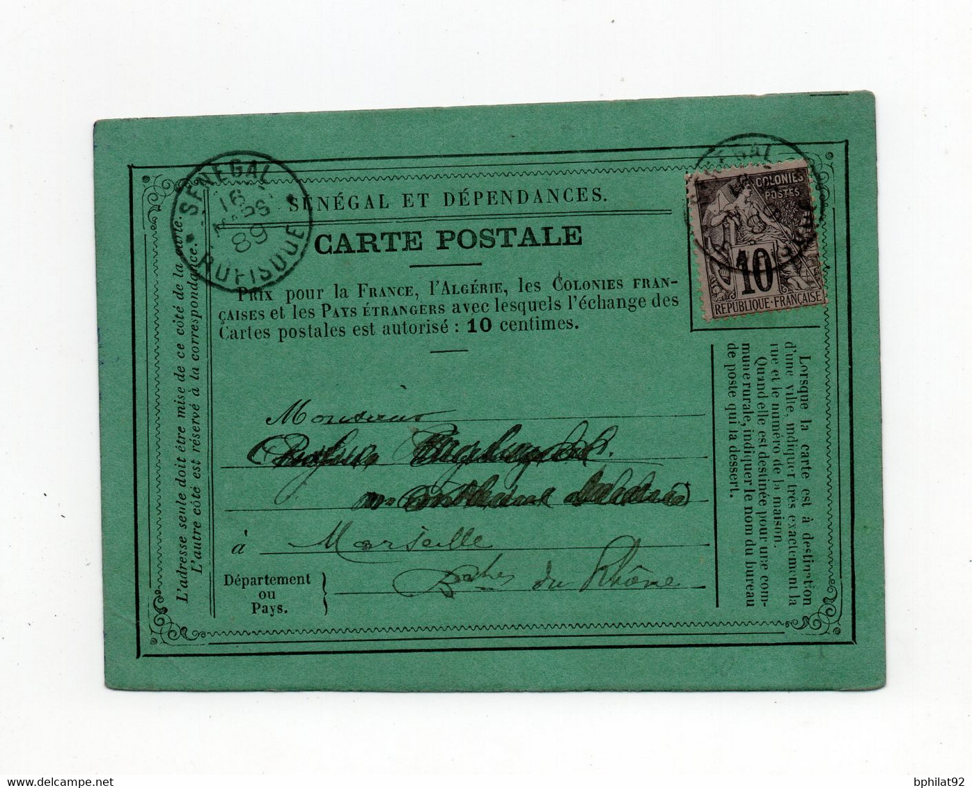 !!! CARTE PRECURSEUR DU SENEGAL AFFRANCH ALPHEE DUBOIS, CACHET DE RUFISQUE DE 1889 - Alphée Dubois