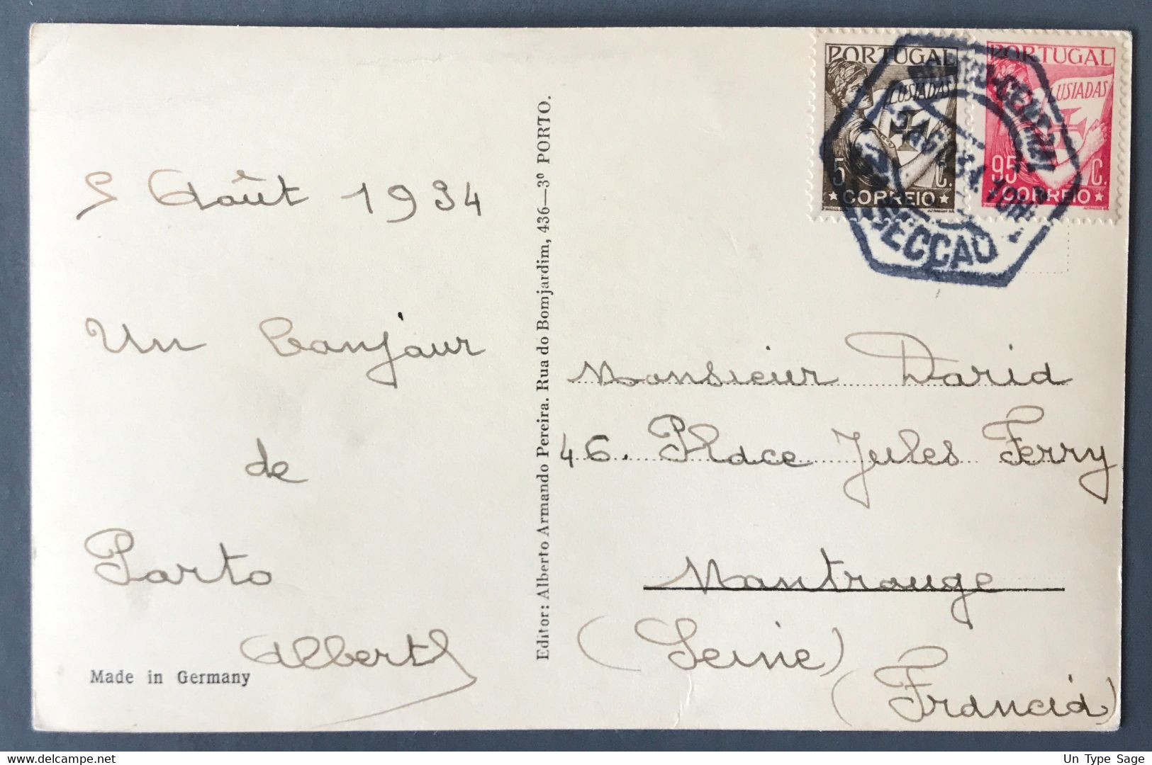 Portugal, Divers Sur CAP TAD PORTO-CENTRAL 3°SECCAO 5.8.1934 Pour La France - (A558) - Lettres & Documents