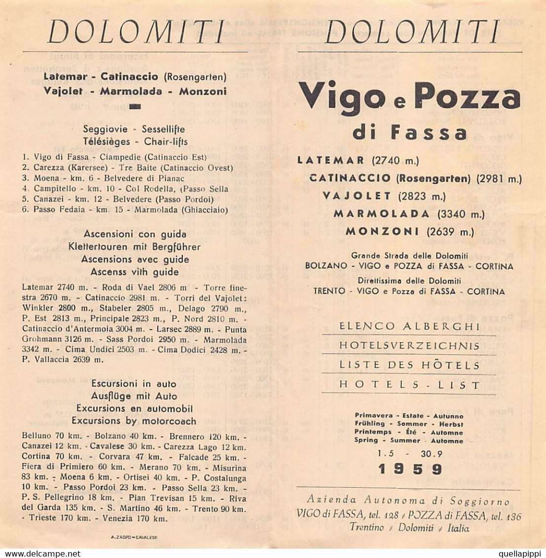 013921 "(TN) VIGO E POZZA DI FASSA - DOLOMITI - ELENCO ALBERGHI 1959" PUBBLICITARIO AZ. AUTONOMA DI SOGGIORNO - Pubblicitari