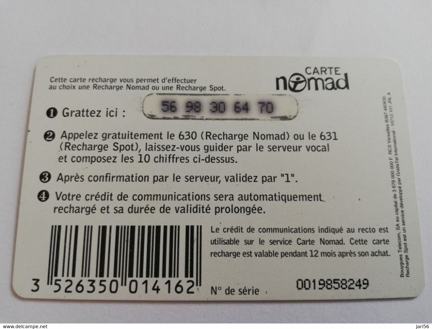 FRANCE/FRANKRIJK  NOMAD CARTE  SMALL NOMAD OU SPOT    95FR  PREPAID  USED    ** 9437** - Nachladekarten (Handy/SIM)