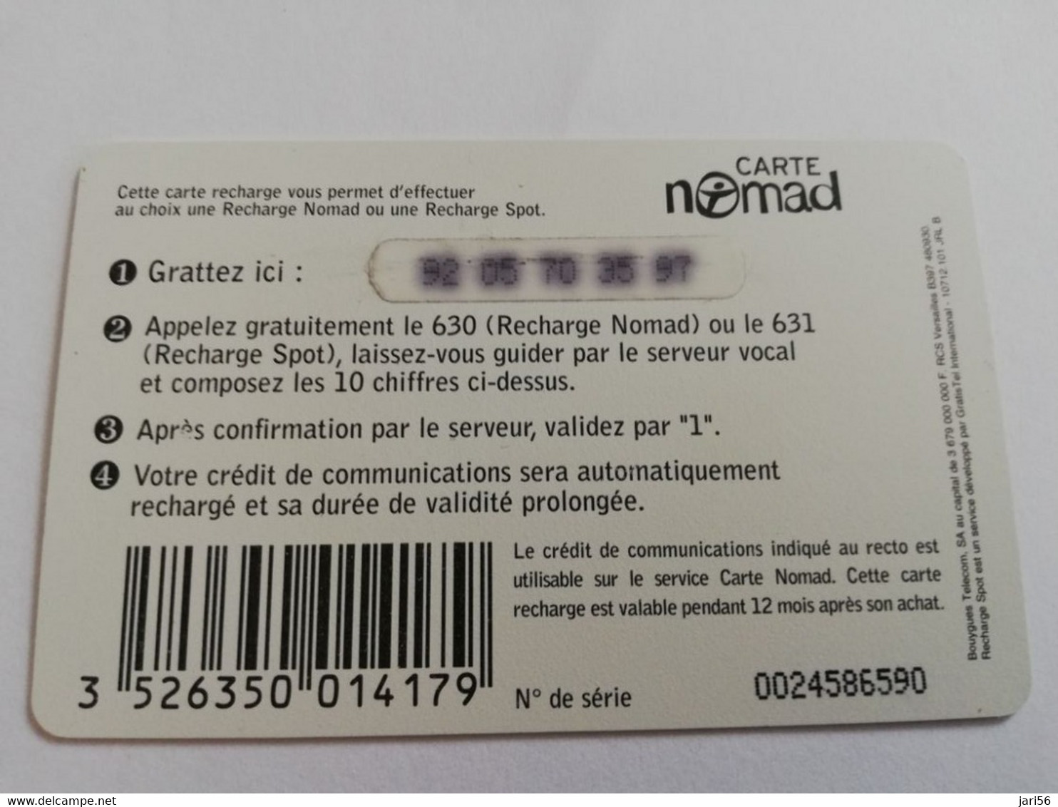 FRANCE/FRANKRIJK  NOMAD CARTE  SMALL NOMAD OU SPOT    195FR  PREPAID  USED    ** 9438** - Per Cellulari (telefonini/schede SIM)