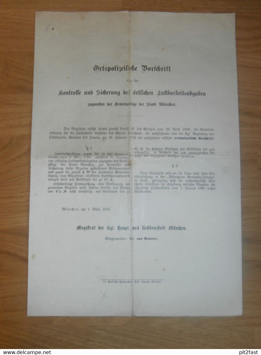 Polizeiliche Vorschrift , 1910 , Sicherung Der Lustbarkeiten In München , Armenpflege , Polizei , Satzung , Magistrat !! - Police & Gendarmerie