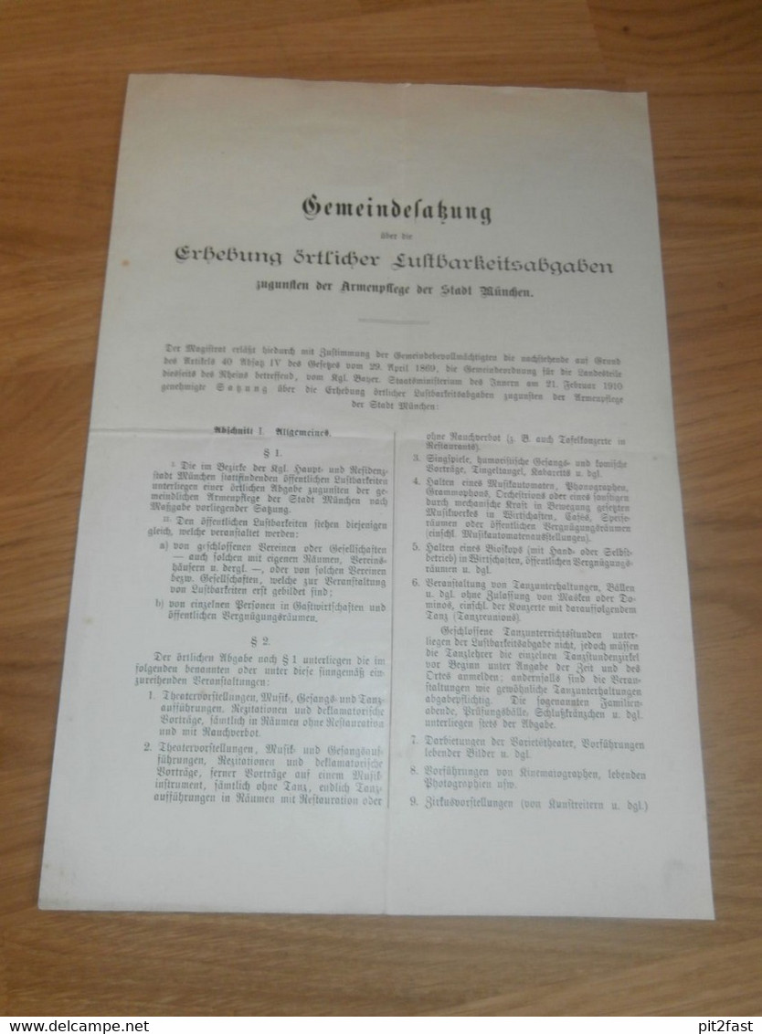 Polizeiliche Vorschrift , 1910 , Sicherung Der Lustbarkeiten In München , Armenpflege , Polizei , Satzung , Magistrat !! - Police & Gendarmerie