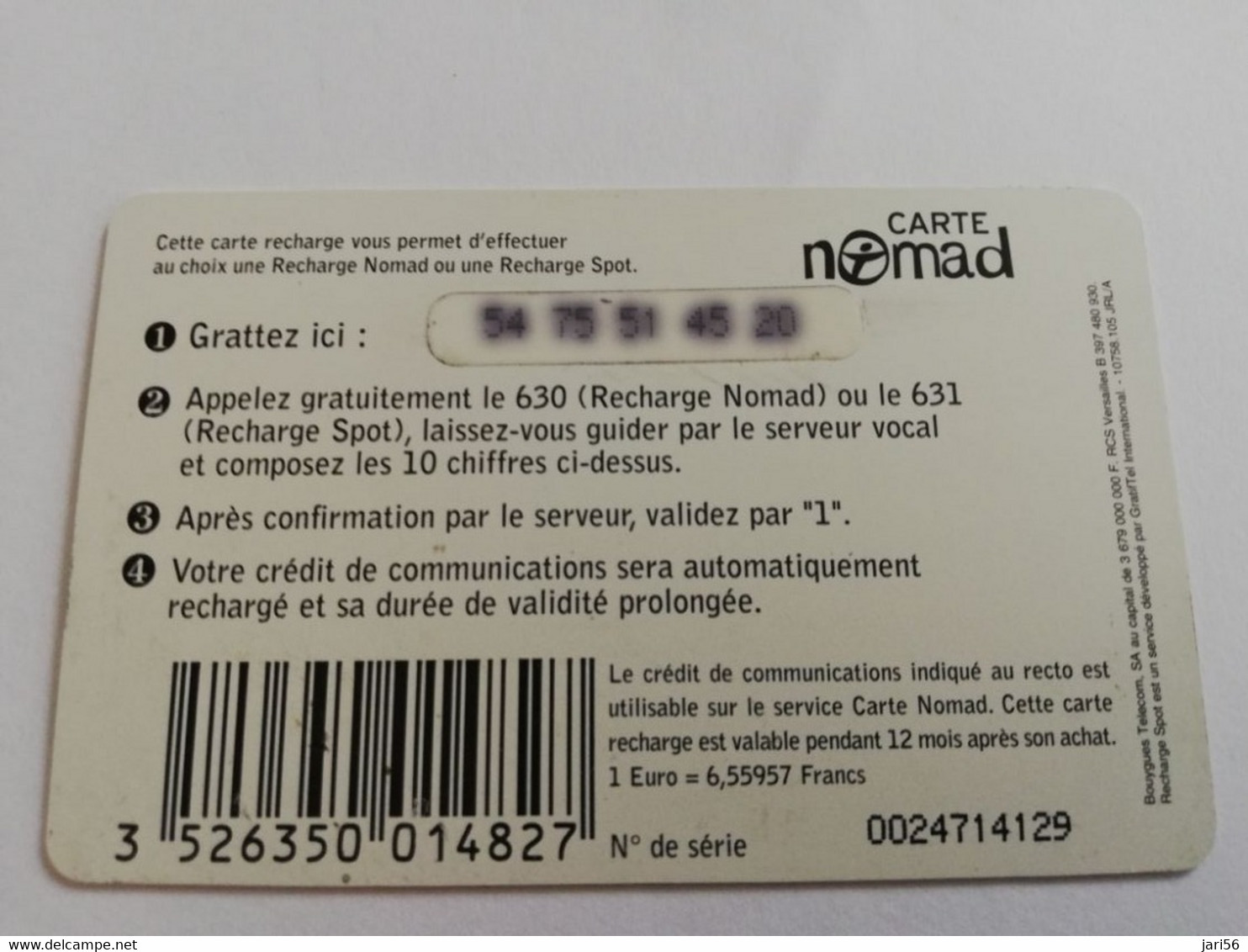 FRANCE/FRANKRIJK  NOMAD CARTE  SMALL NOMAD OU SPOT    95FR  PREPAID  USED    ** 9439** - Nachladekarten (Handy/SIM)