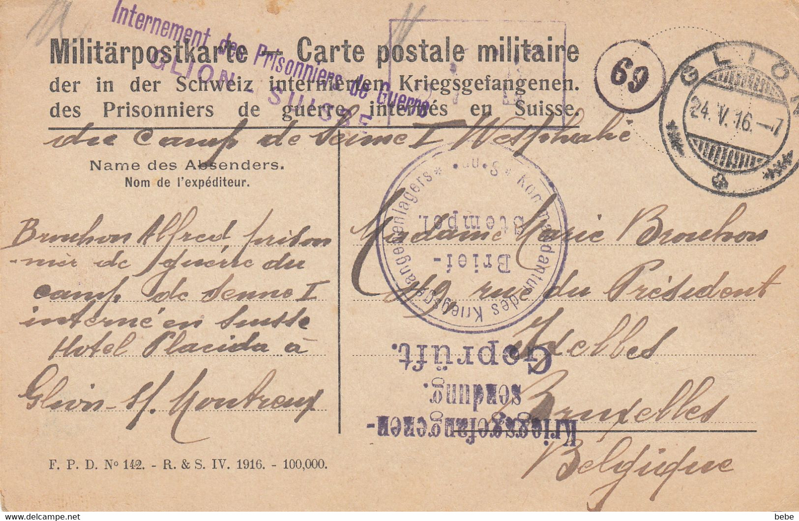 PRISONNIER INTERNE EN SUISSE DE GLION VERS IXELLES LE 24 MAI 1916 - Prigionieri