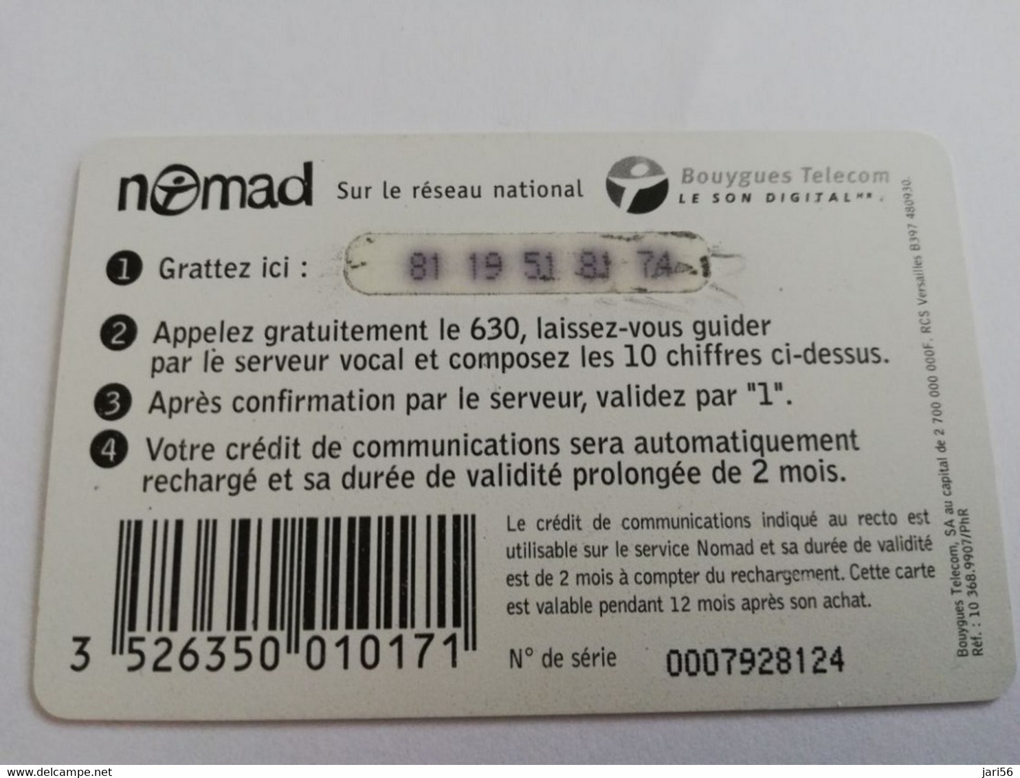 FRANCE/FRANKRIJK  NOMAD CARTE  MEDIUM/BIRD   NOMAD OU SPOT    145 FR  PREPAID  USED    ** 9442** - Nachladekarten (Handy/SIM)