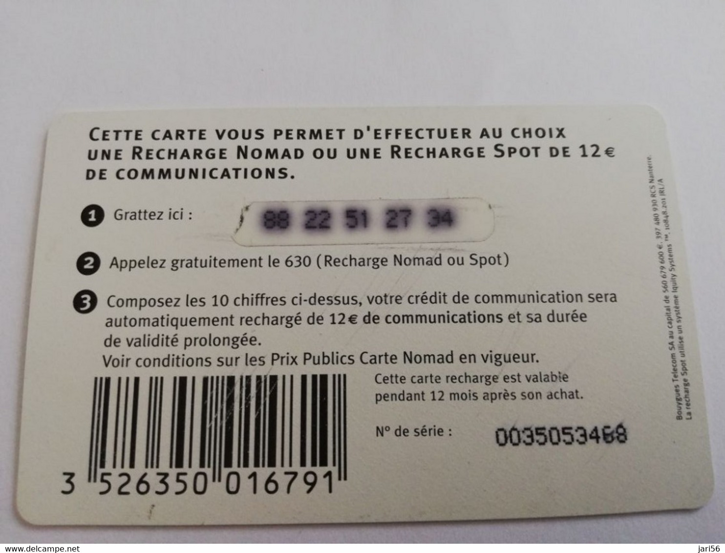 FRANCE/FRANKRIJK  NOMAD CARTE  SMALL = € 12  BOUYGUES   PREPAID  USED    ** 9444** - Mobicartes (GSM/SIM)