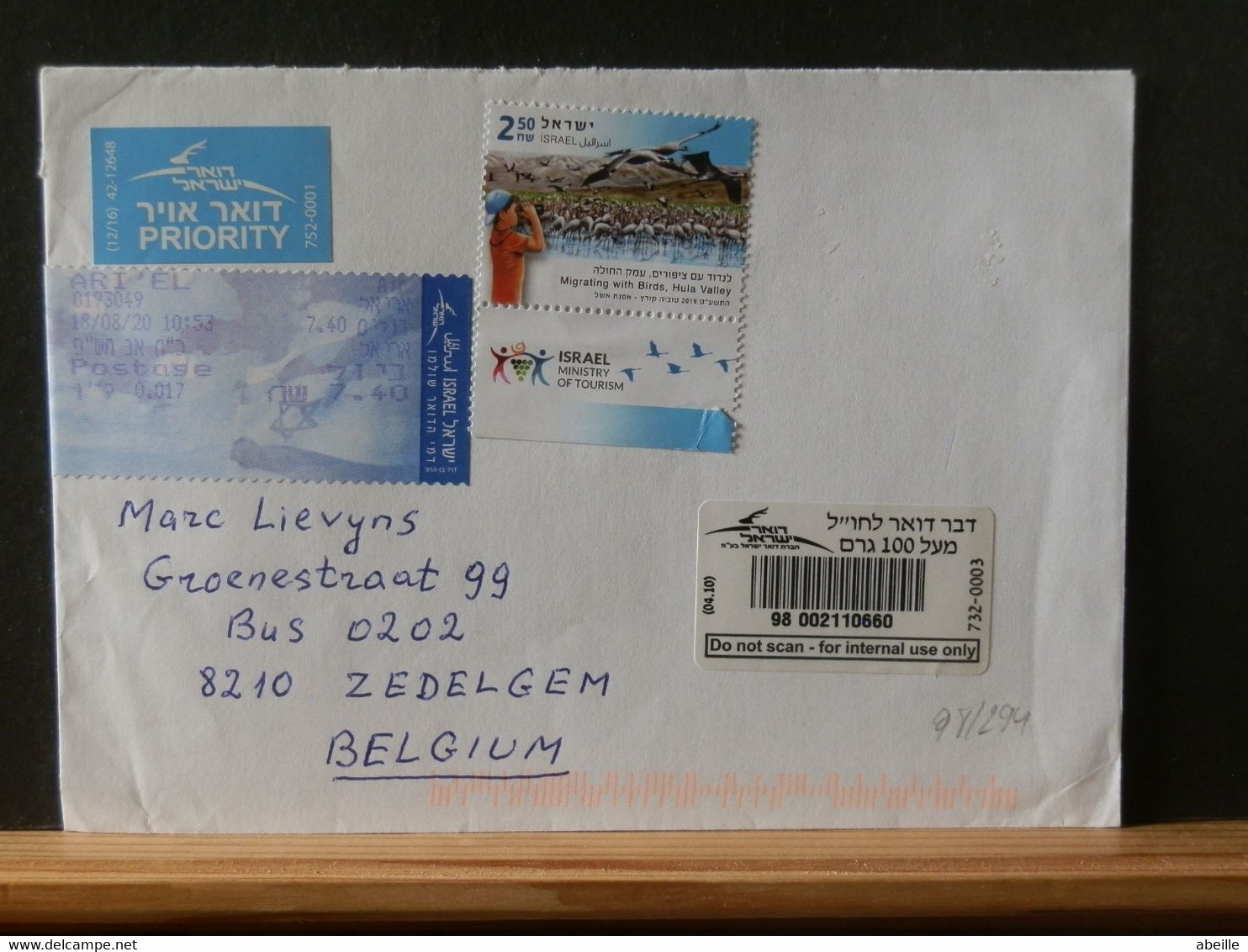 98/294 LETTRE ISRAEL   2020 POUR LA BELG. - Lettres & Documents