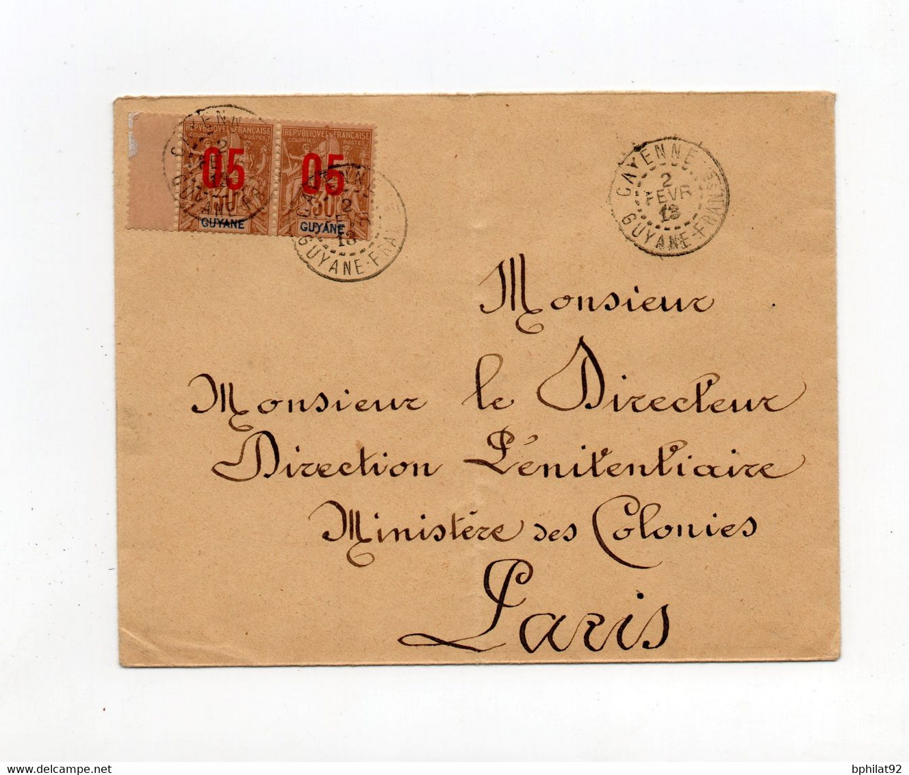 !!! GUYANE, LETTRE DE CAYENNE DE 1913 POUR PARIS AFFRANCH PAIRE GROUPES SURCHARGES - Storia Postale