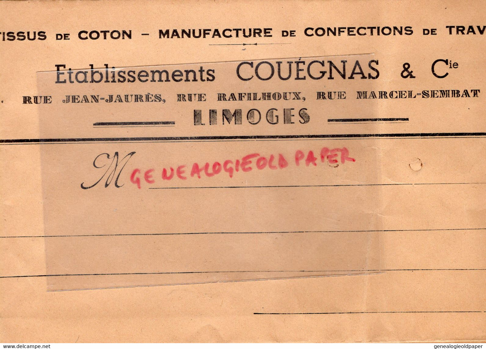 87- LIMOGES- RARE ENVELOPPE ETS. COUEGNAS -TISSUS MANUFACTURE CONFECTIONS TRAVAIL-RUE JEAN JAURES-RAFILHOUX SEMBAT - Textile & Clothing