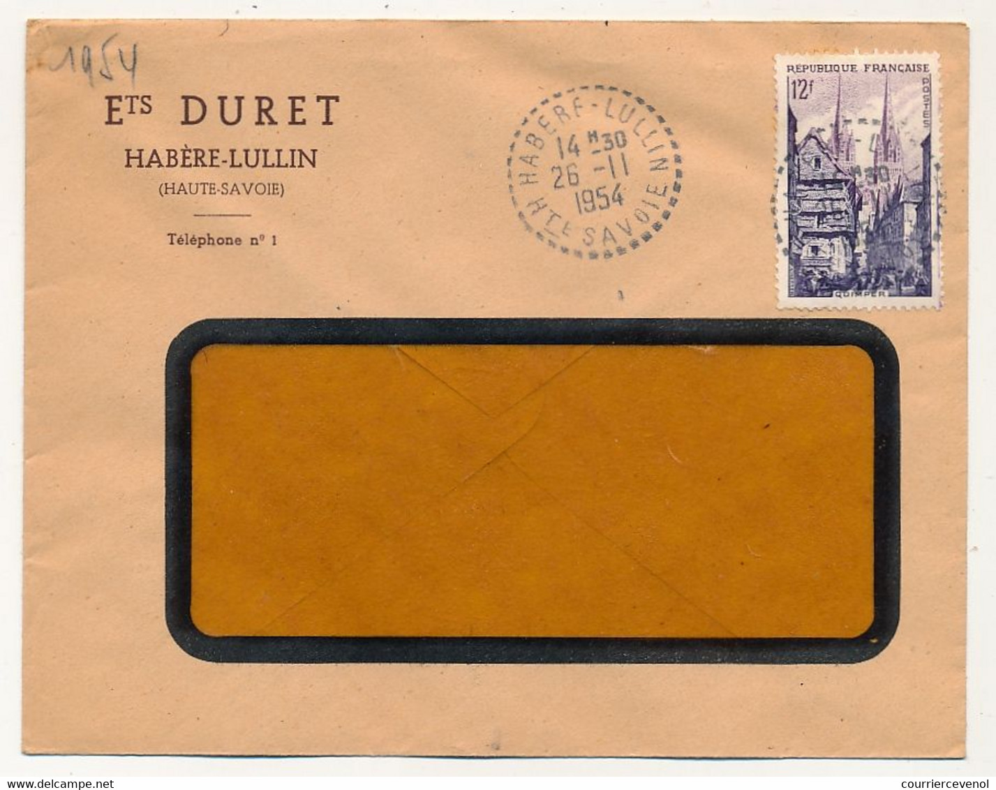 FRANCE - Env En Tête Ets Duret - Cachet Tireté "HABERE-LULLIN Hte Savoie" 26/11/1954 Sur 12F Quimper - Handstempel