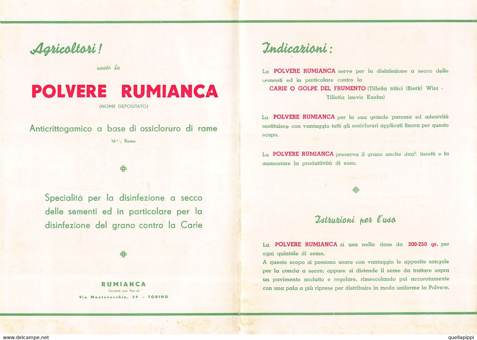 013933 "AGRICOLTORI ATTENZIONE! - LA CARIE O GOLPE DEL FRUMENTO DISTRUGGE IL GRANO - RUMIANCA - TORINO" PUBBL. '50 - Pubblicitari