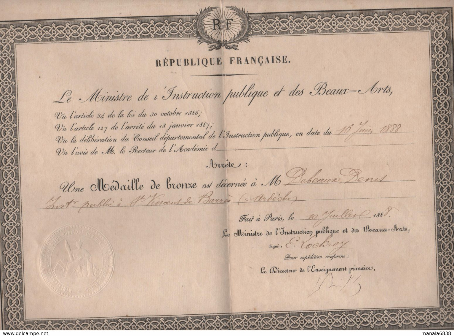 Instruction Publique Beaux Arts 1888 Debeaux Saint Vincent De Barrès Lockroy - Diploma's En Schoolrapporten