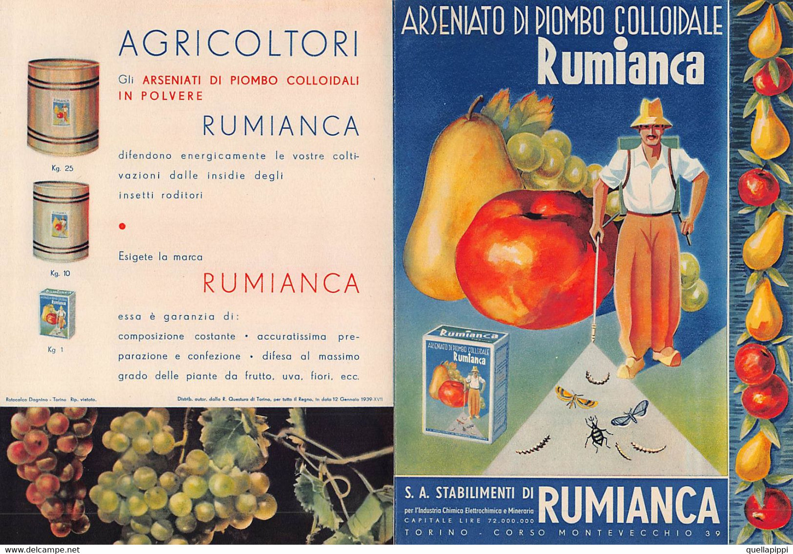 013934 "ARSENIATO DI PIOMBO COLLOIDALE IN POLVERE - DIFESA DAI PARASSITI - RUMIANCA - TORINO" PUBBL. 1939 - Pubblicitari