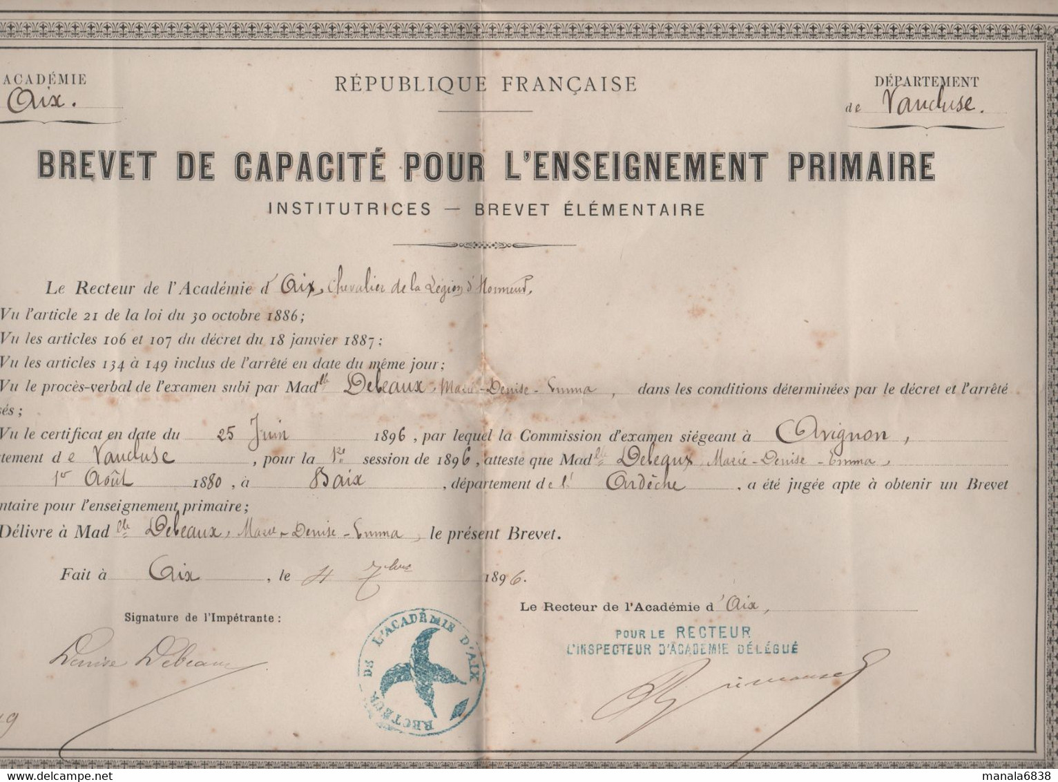 Brevet Capacité Enseignement Primaire Debeaux 1896 Avignon Baix Institutrice Aix Vaucluse - Diploma & School Reports
