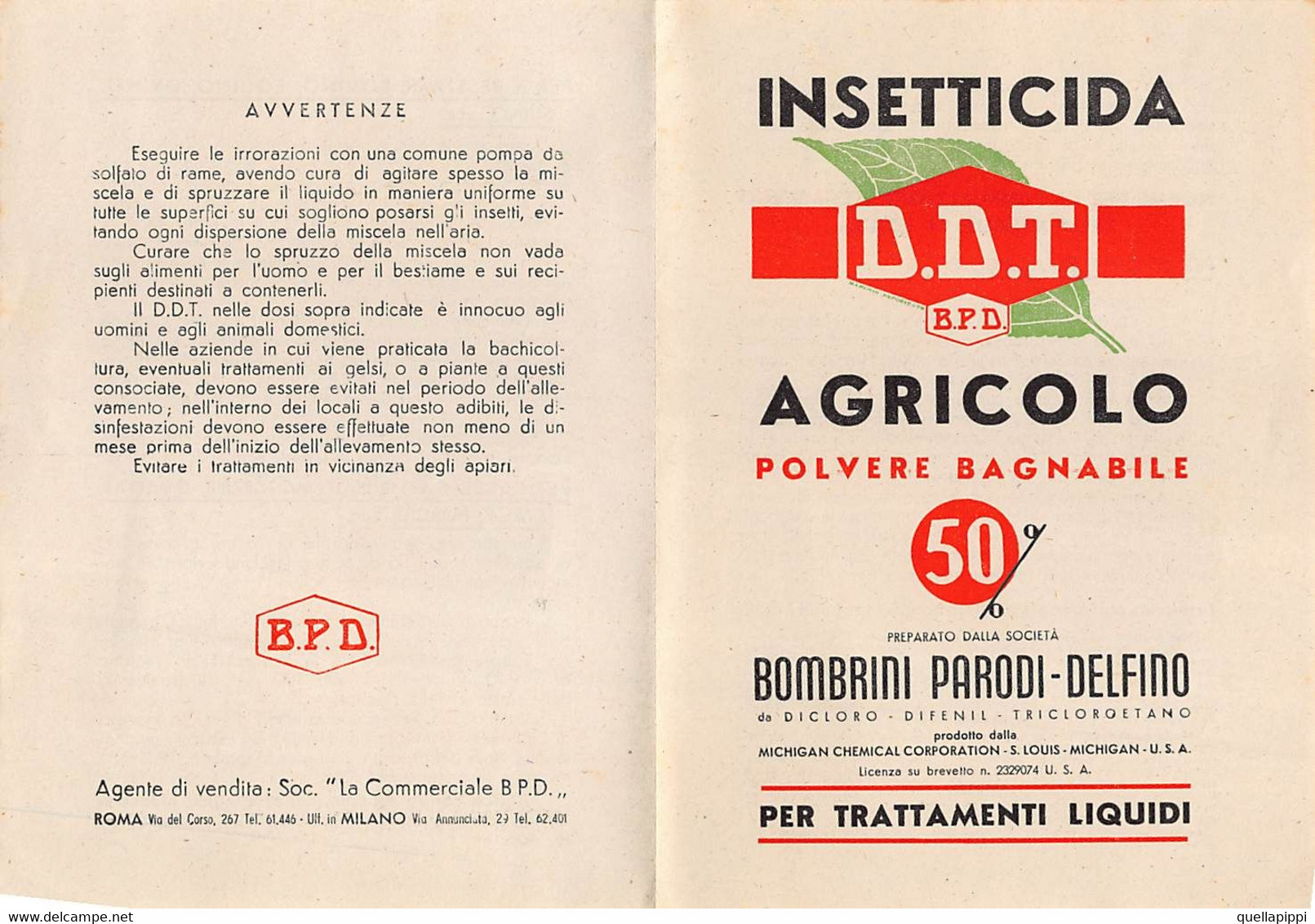 013935 "INSETTICIDA D.D.T. AGRICOLO POLVERE BAGNABILE- B.P.D.ROMA-BOMBRINI PARODI-DELFINO - MICHIGAN U.S.A." PUBBL. '50 - Pubblicitari