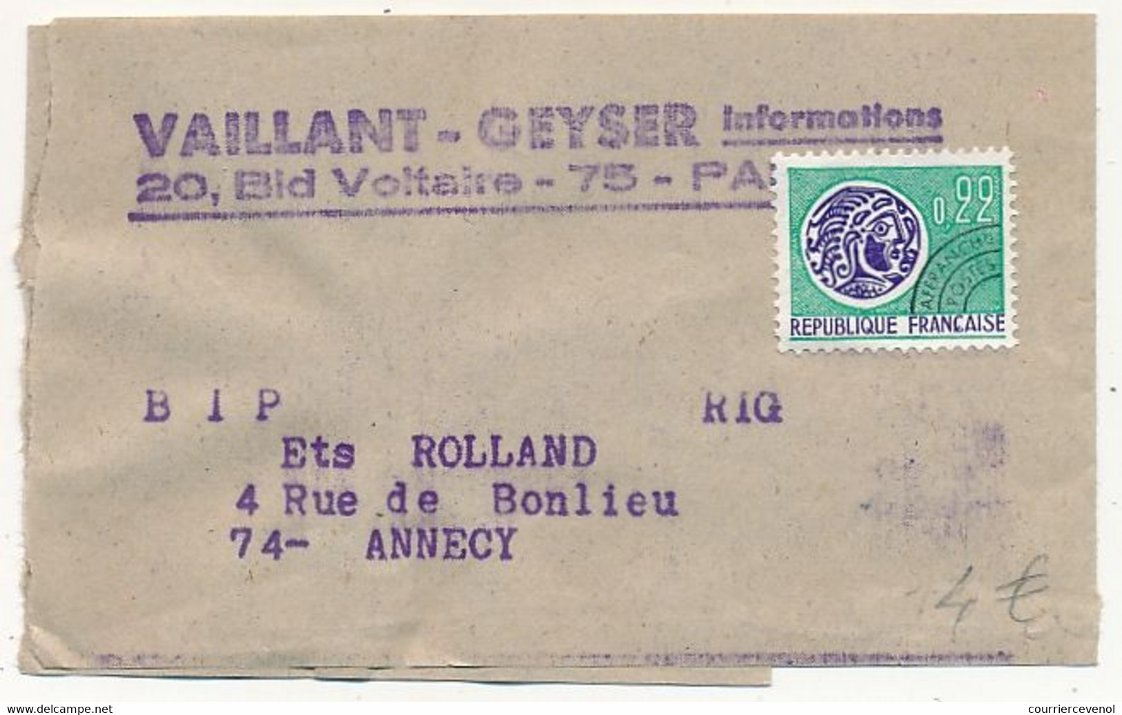 FRANCE - Préo 0,22 Monnaie Romaine Sur Bande Journal "Vaillant Geyser Paris" - 1953-1960