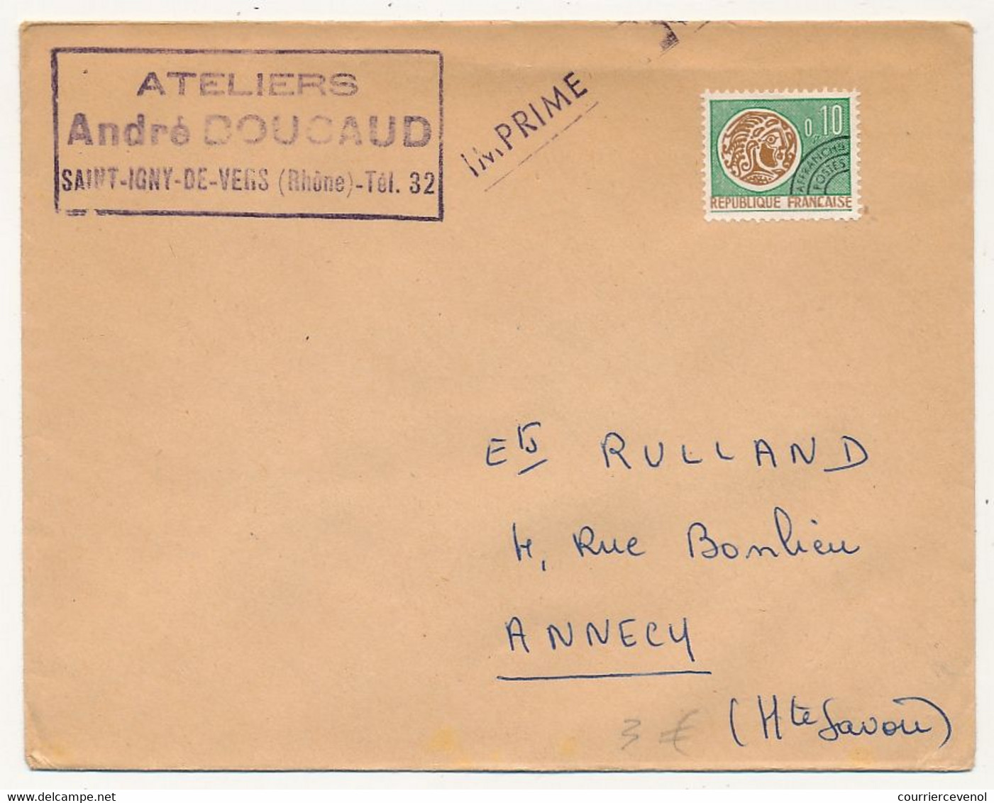 FRANCE - Préo 0,10 Monnaie Romaine Sur Enveloppe "Ateliers André Doucaud" St Igny De Vers (Rhône) - 1953-1960