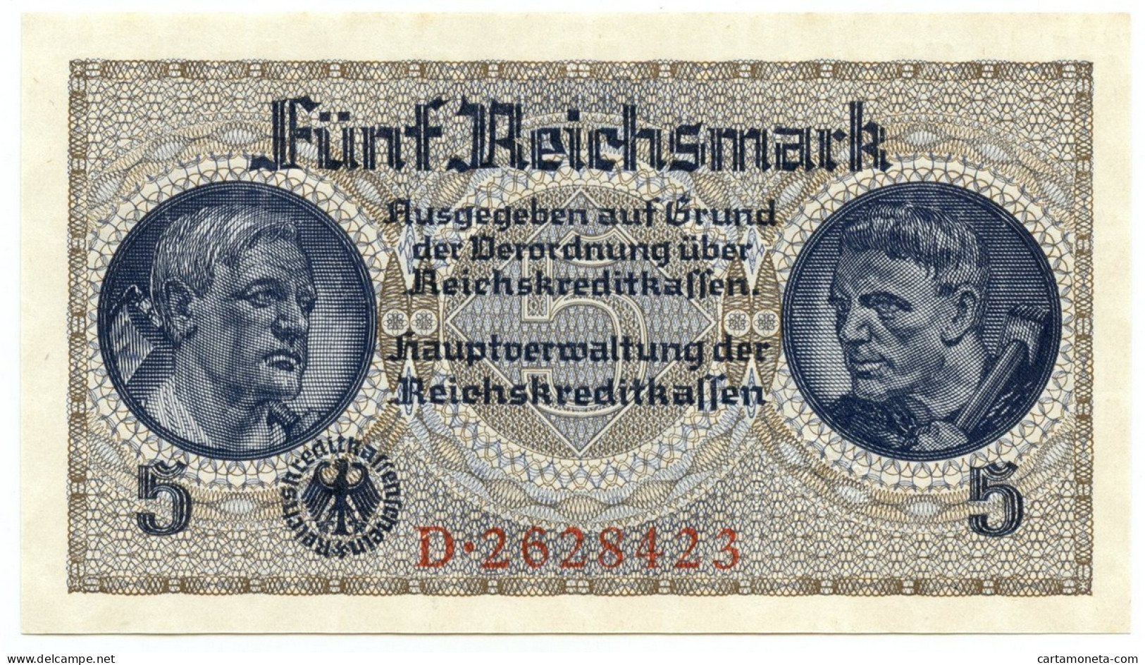 5 REICHSMARK OCCUPAZIONE TEDESCA ITALIA REICHSKREDITKASSEN 1943 FDS - 2. WK - Alliierte Besatzung