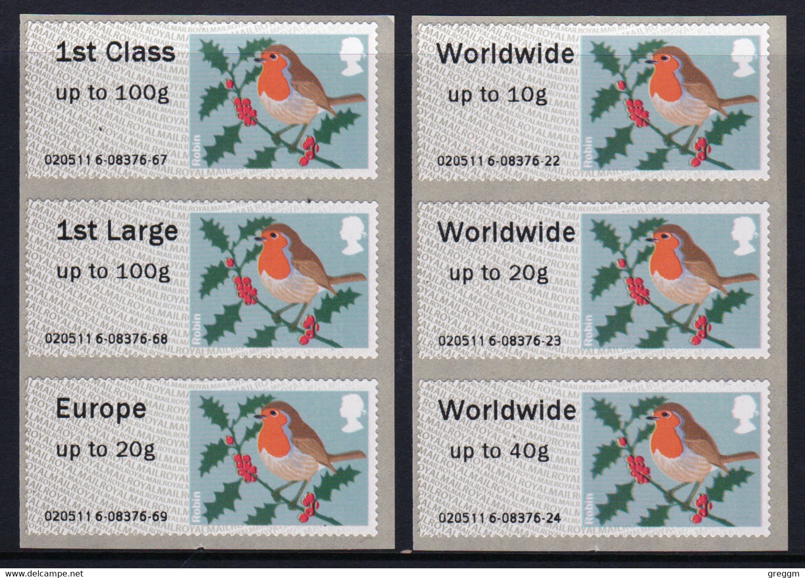 GB Post & Go 2012 Set Of Christmas Robin  Fast Stamps Full Set Self Adhesive Unmounted Mint Type II - Post & Go (distributeurs)