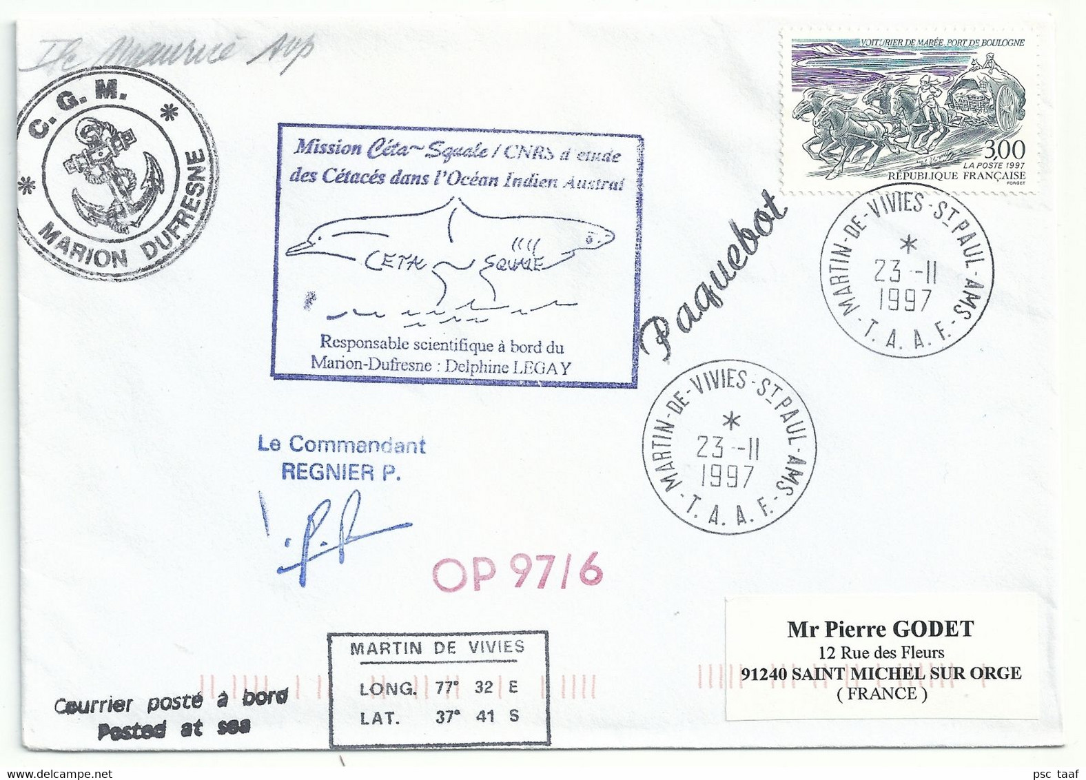 YT 3106 Voiturier à Marée Boulogne Lettre Postée à Bord Du MD - Martin De Viviès - St Paul Amsterdam - 23/11/1997 - Storia Postale