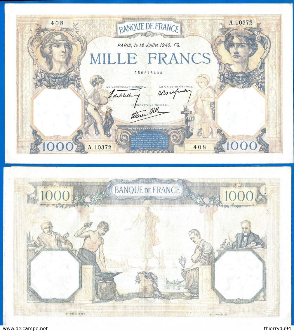 France 1000 Francs 1940 18 Juillet Prefixe A Ceres Mercure Que Prix + Port Grand Billet Frcs Frc Paypal Bitcoin OK - 1 000 F 1927-1940 ''Cérès Et Mercure''