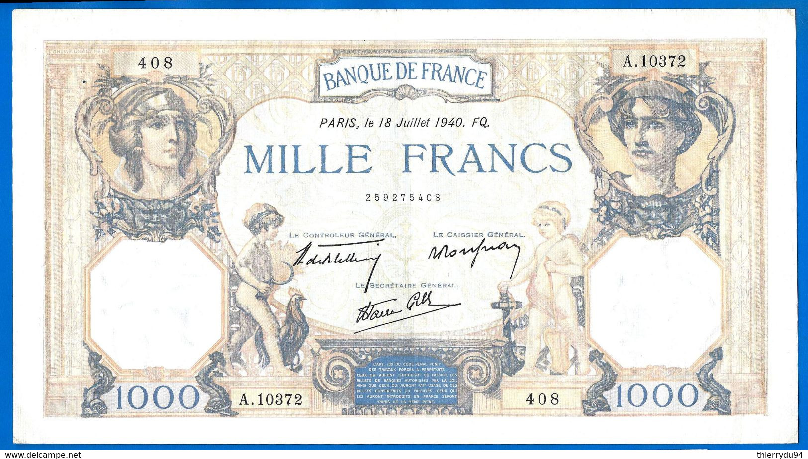 France 1000 Francs 1940 18 Juillet Prefixe A Ceres Mercure Que Prix + Port Grand Billet Frcs Frc Paypal Bitcoin OK - 1 000 F 1927-1940 ''Cérès Et Mercure''